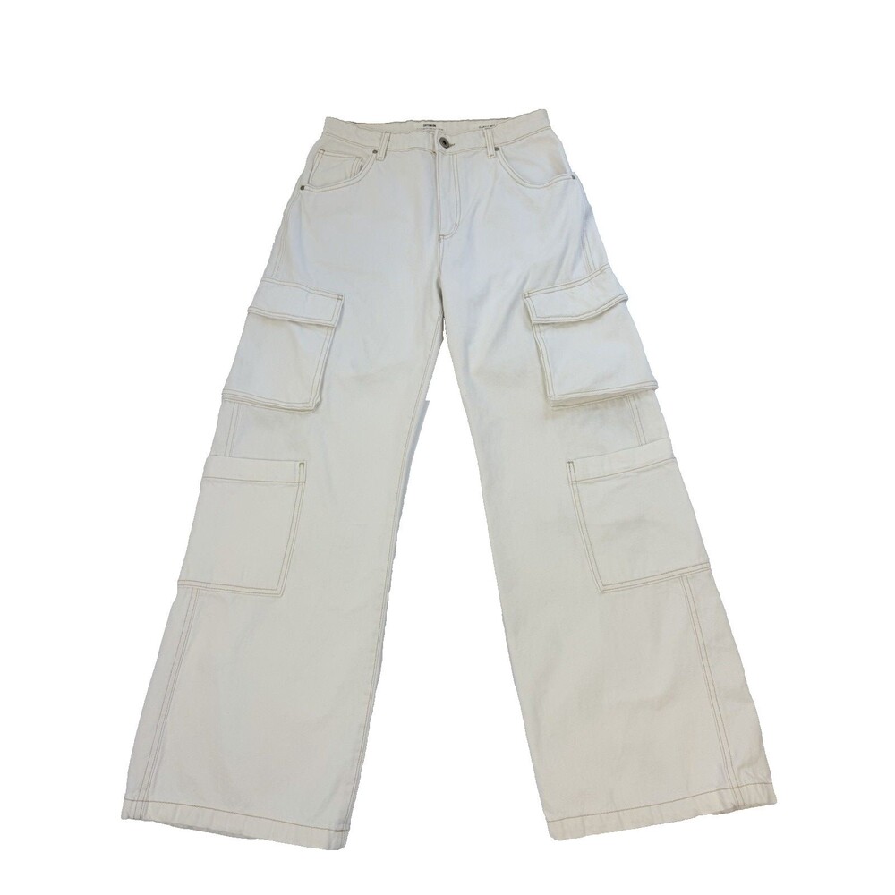Cotton On Cargo Wide Leg Jeans Size 8 Cream High Rise Utility Pockets Pants